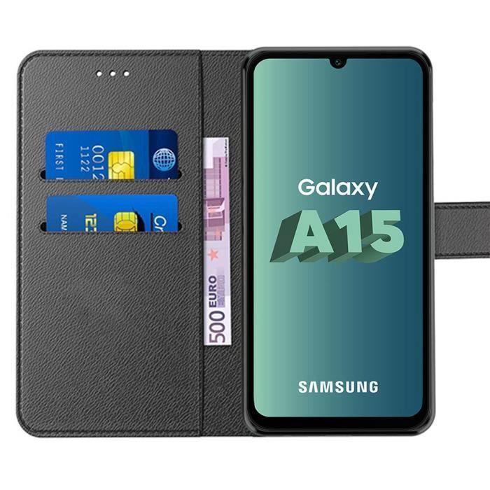 Protective Case for Samsung Galaxy A15 - Black PU Leather - Card Slots - 2 Tempered Glasses