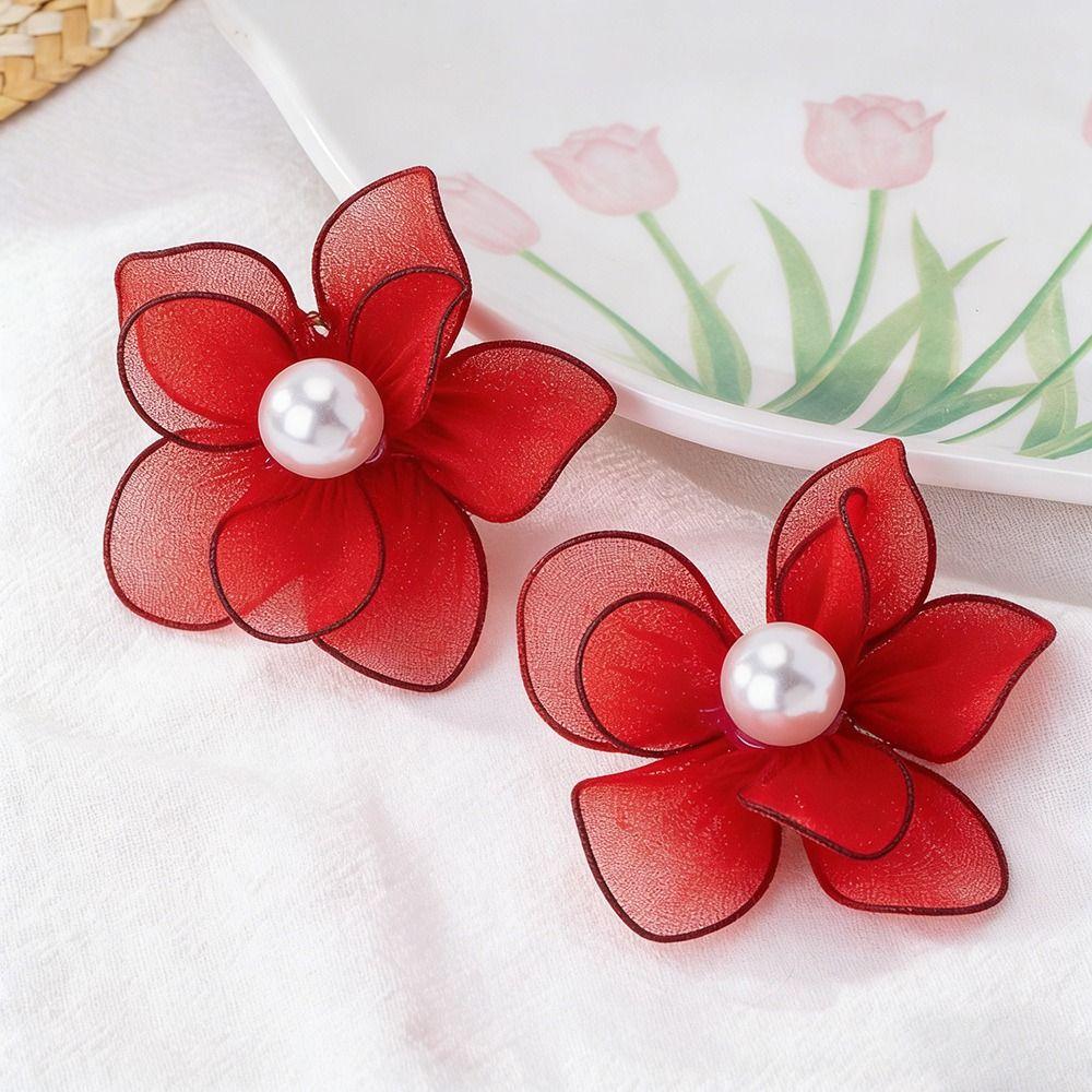 Mesh Petal Stud Earrings Fabric Mesh Stud Earrings Gifts Pearl Geometric Earring
