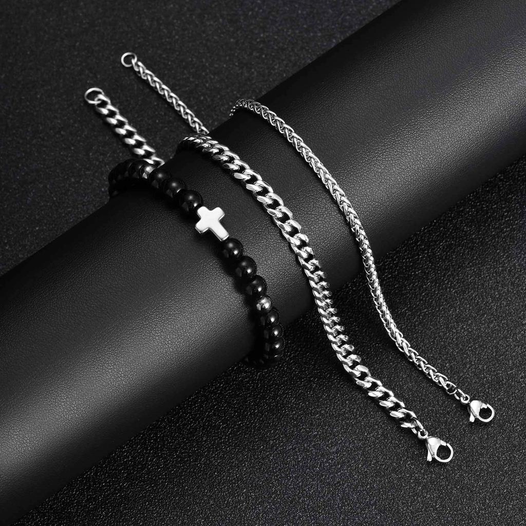 Vnox Men's Bracelet Set, Black Agate Stainless Steel Cuban Chain Wristbands, 3pcs/set Bracelets Jewelry Gifts for Men Father Son