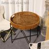 Portable Rattan Wicker Dining Table - Foldable Round Camping Table with Brown Finish, Outdoor Tea Table for Picnics & Camping