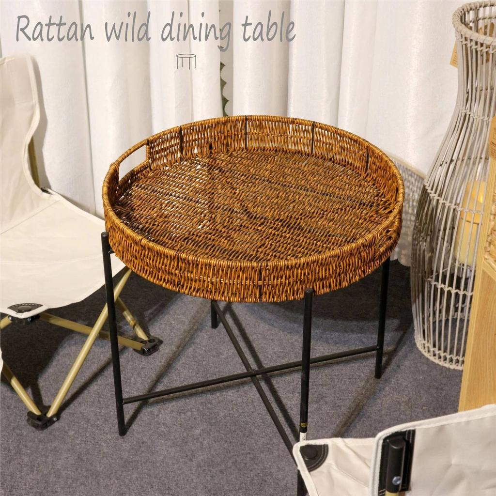 Portable Rattan Wicker Dining Table - Foldable Round Camping Table with Brown Finish, Outdoor Tea Table for Picnics & Camping