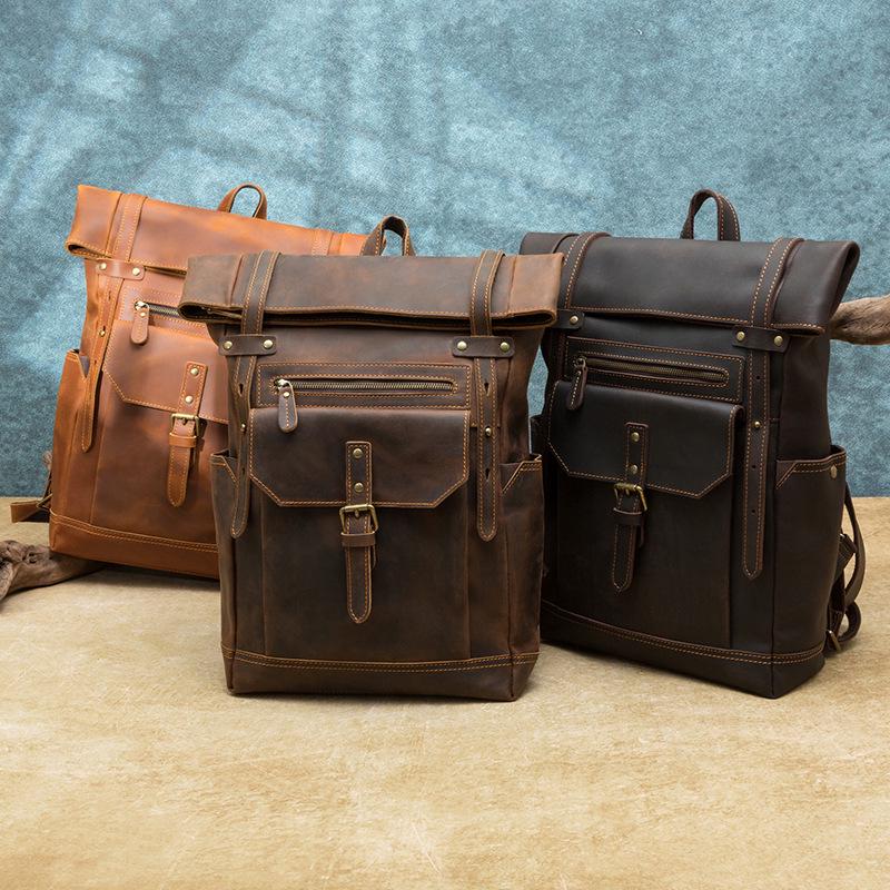 Men's Large Capacity Genuine Crazy Horse Leather Backpack for 15.6" Laptops – Trendy European & American Casual Travel Bag