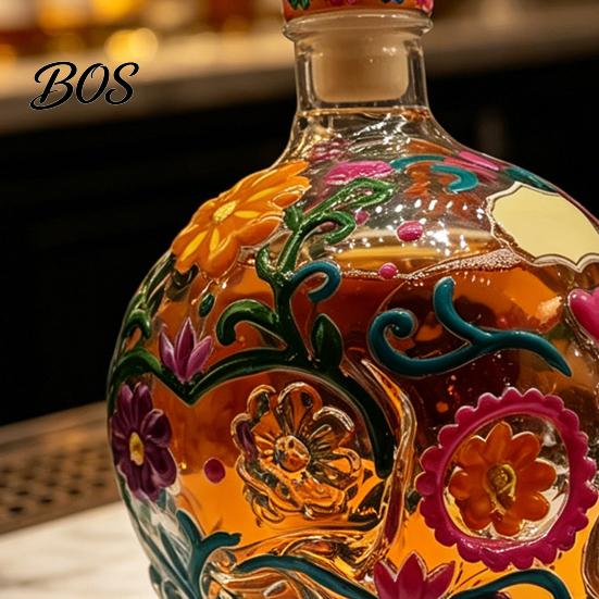 Floral Skull Design Decanter Gothic Decanter, Hand Painted Glass Liquor Bottle with Stained Design, 3D Carved Wine Dispenser for Home Bar, Halloween