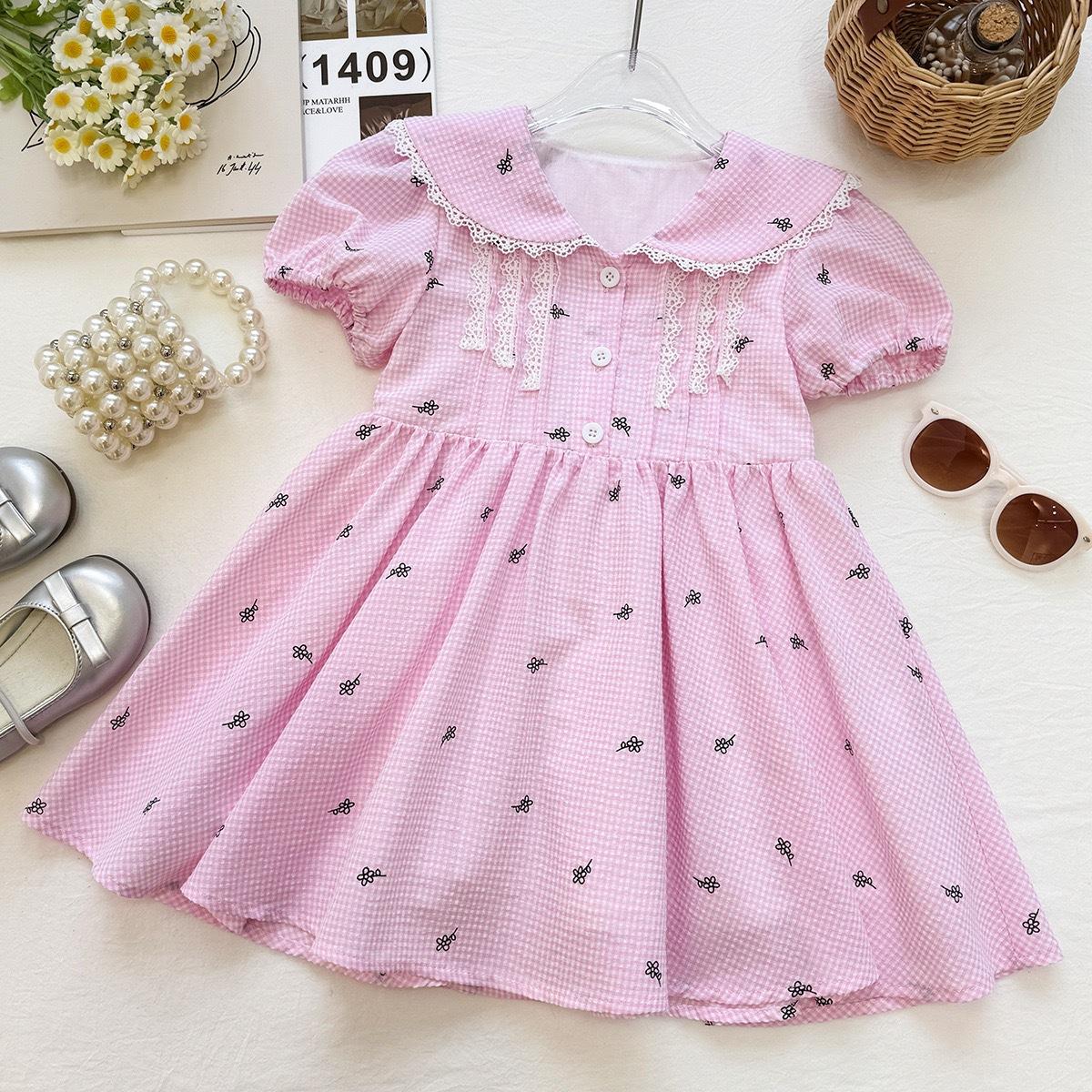 Summer Girls Lace Collar Short Sleeve Dress Cute Floral Print Princess Dress For Kids 90cm
