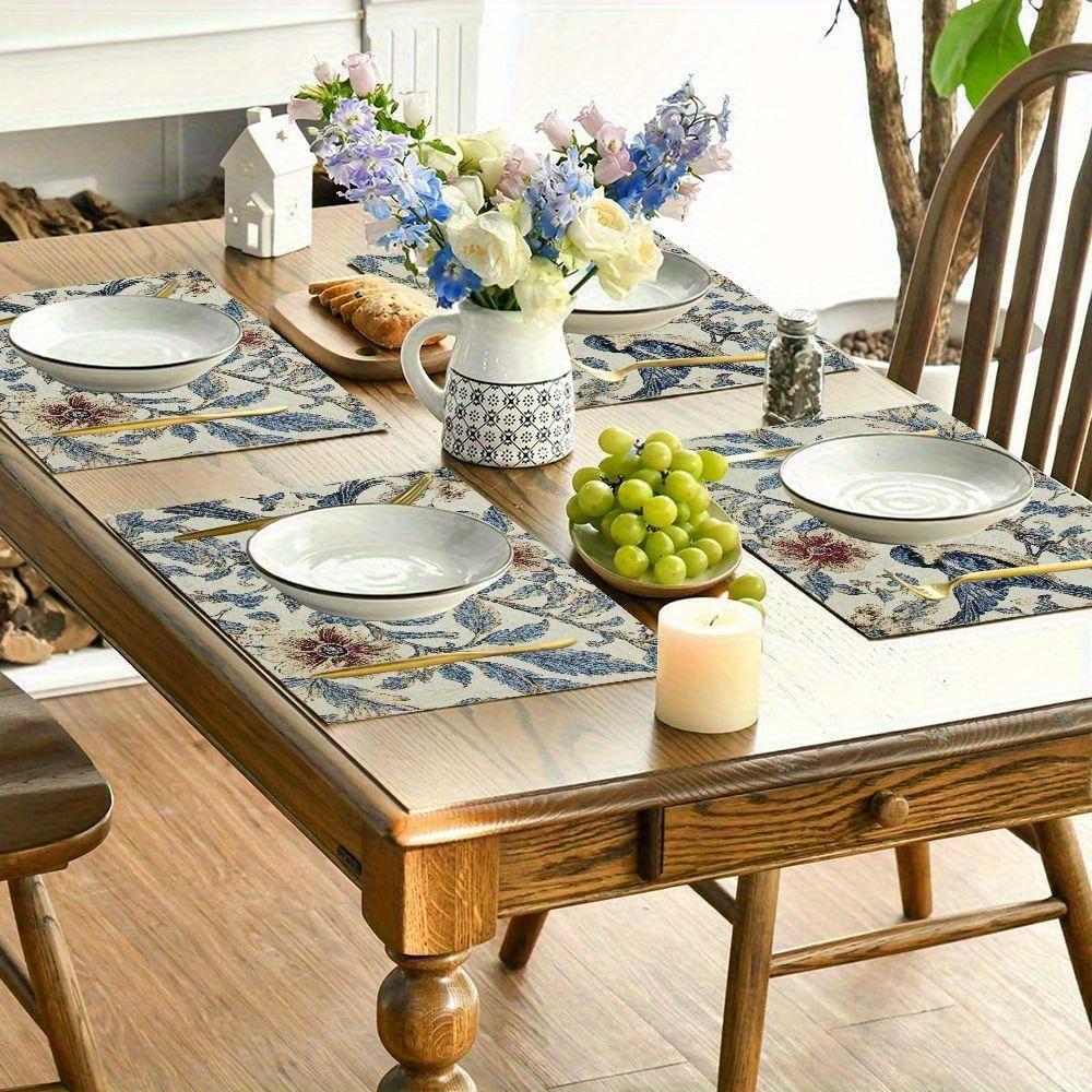4pcs Linen Placemats Set, Bird and Flower Design, 12x18 Inches – Perfect for Dining Room, Kitchen Decor, Holiday Parties, and Home Table Settings