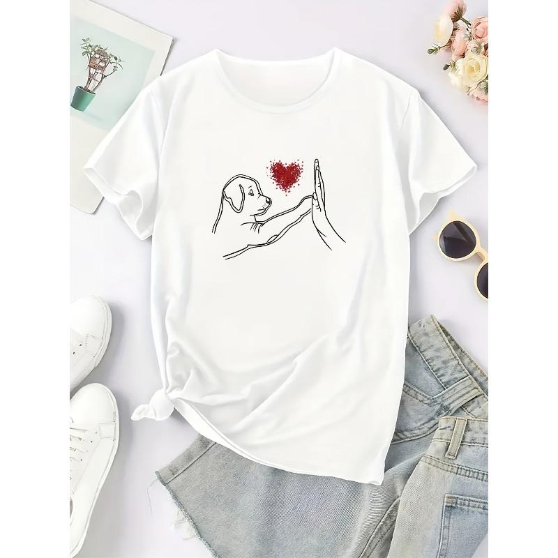 Women Y2K Puppy Heart Print T-Shirt Round Neck Short Sleeve Pet Lover All-Season Casual Machine-Washable Layering Top