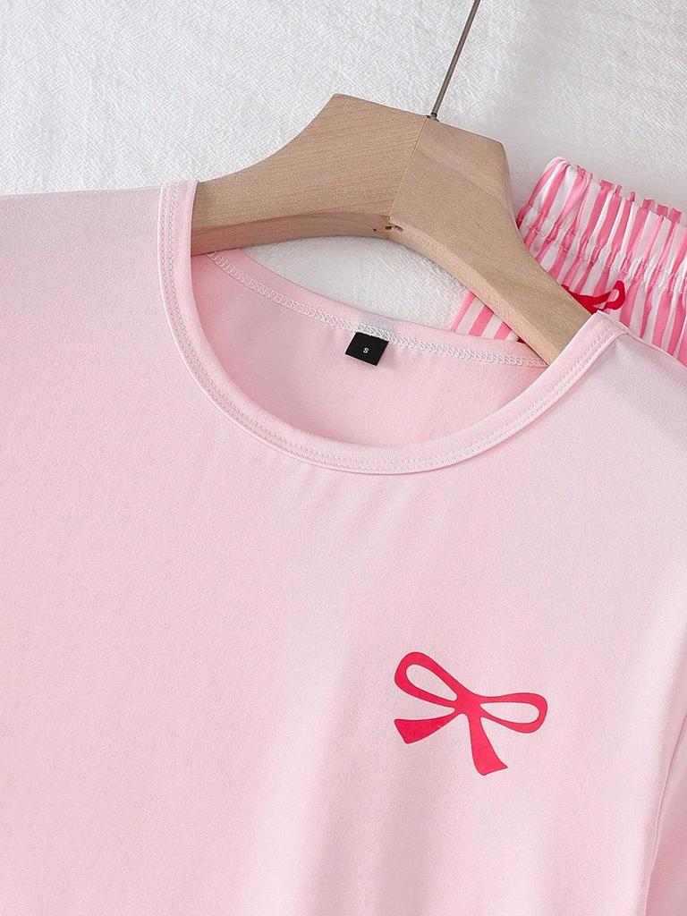 Soft Stretchy Bow Print Pajama Set Crew Neck Solid Short Sleeve Top & Striped Long Pants Cute Casual Summer Loungewear Sleepwear Outfit for Women