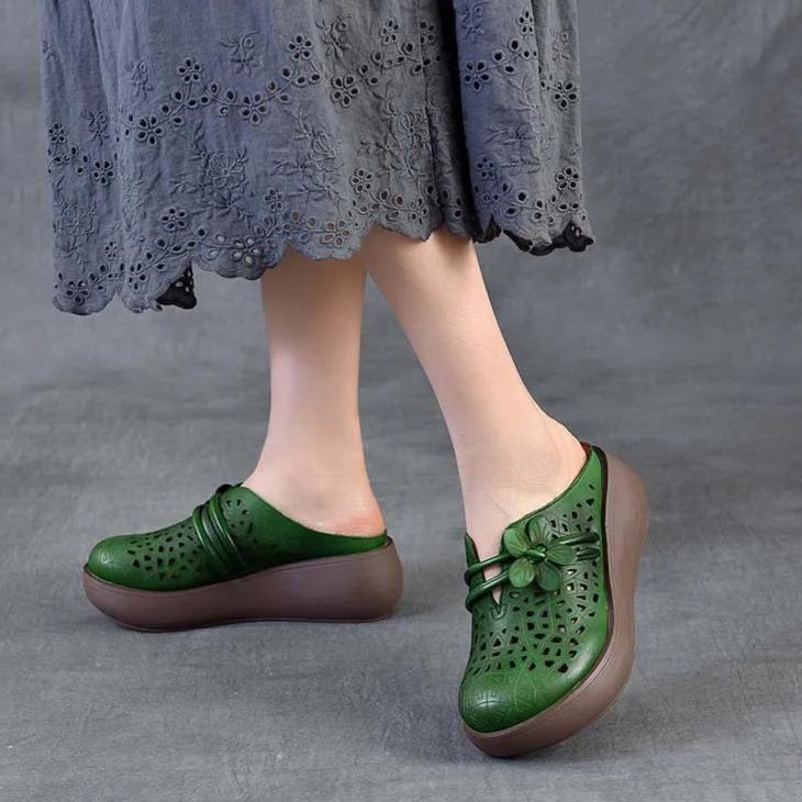 Johnature Ethnic Style Flower Wedges Slippers Genuine Leather Hollow Retro Outdoor Women's Sandals