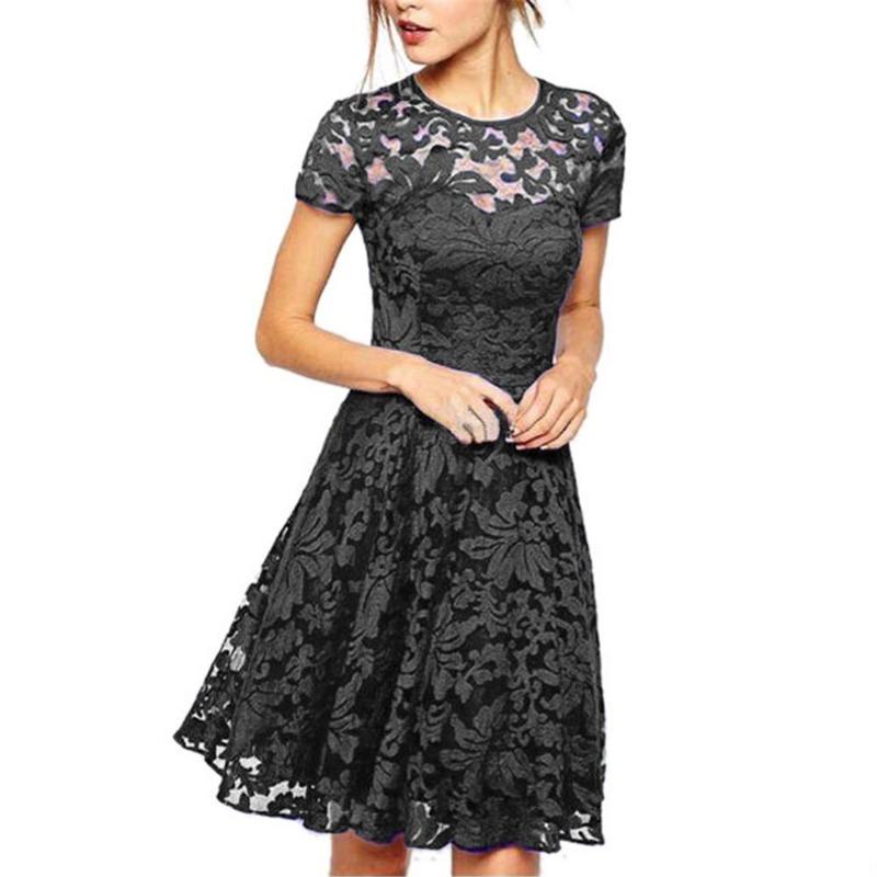 Mode Damen Rundhals Kurzarm Plissee Spitze Slim Kleid