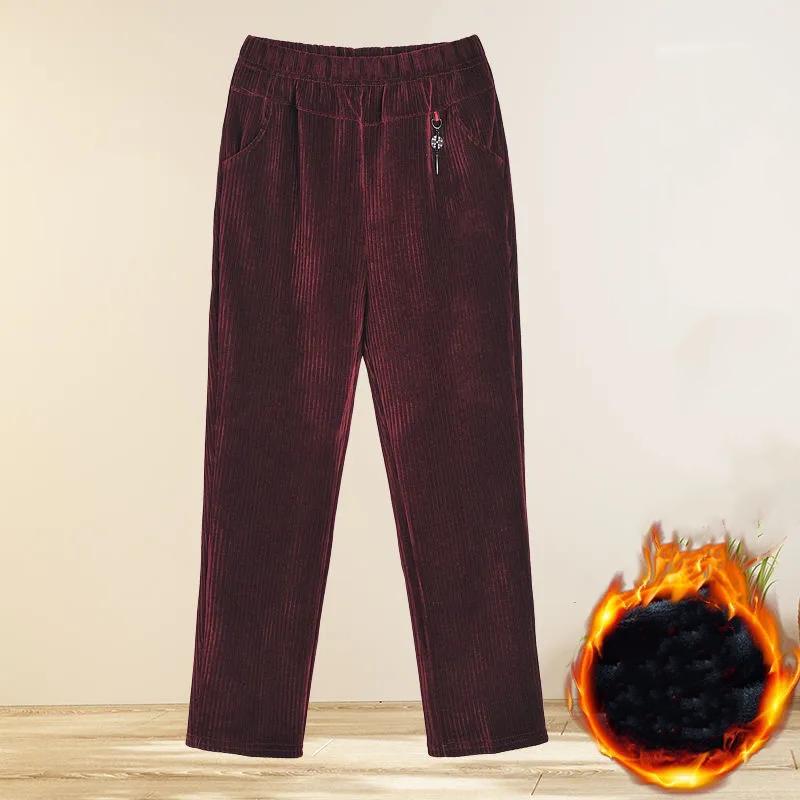 Women Autumn Winter Fleece Thicken Straight Pants Plus Size Corduroy Pants Middle-age Loose Warm Casual Trousers