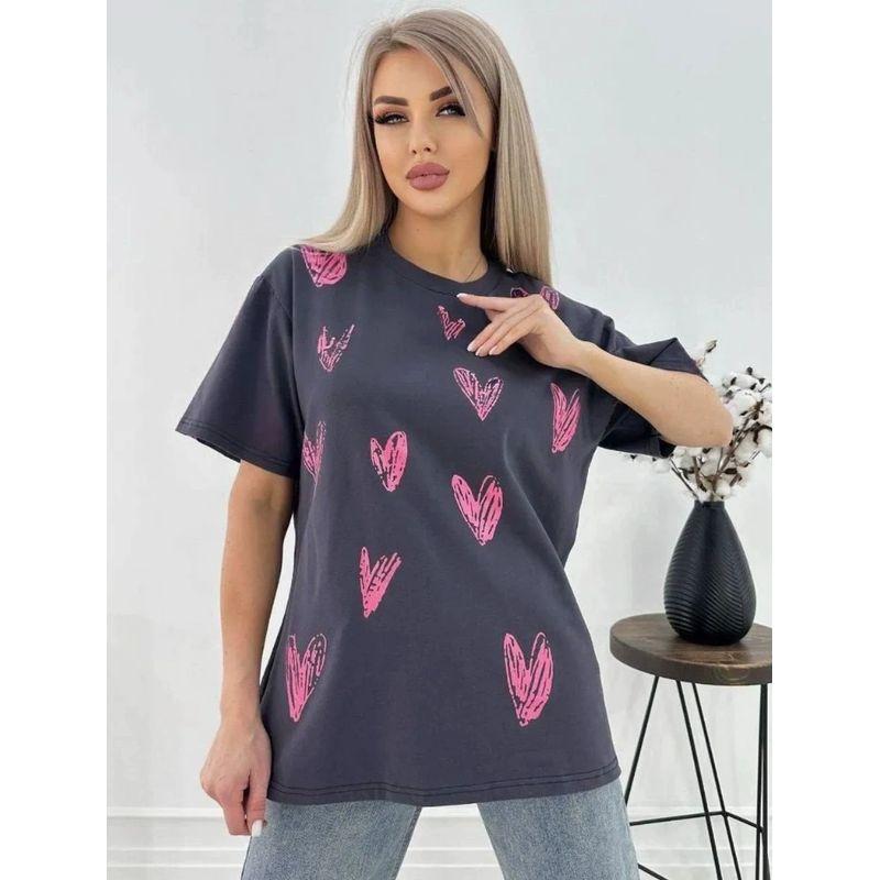 Fashion Printed Crew Neck Top Western Style Loose Casual Love Heart Print Cotton T-shirt Top