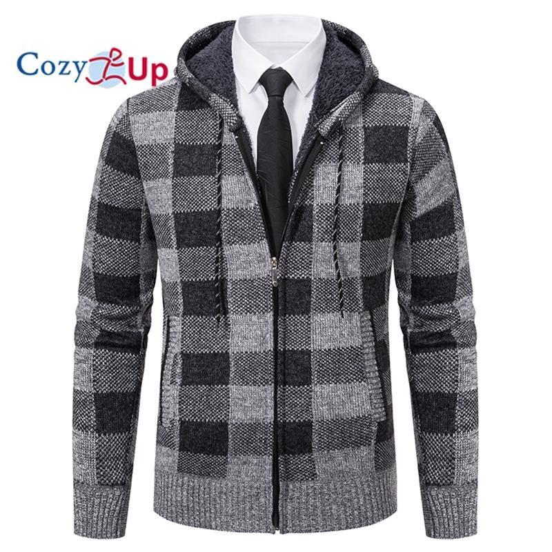 Cozy Up Men Sweater Coat  Autumn Winter Thick Warm Hooded Plaid Wool Sweater Cardigan  Zipper Fleece Coat Men