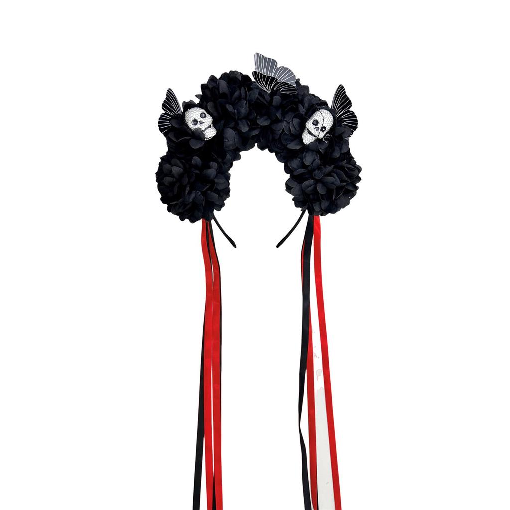 Reusable Practical Plastic Skull Headband And Simulated Floral Decors Costume Headband For Halloween Theme Parties