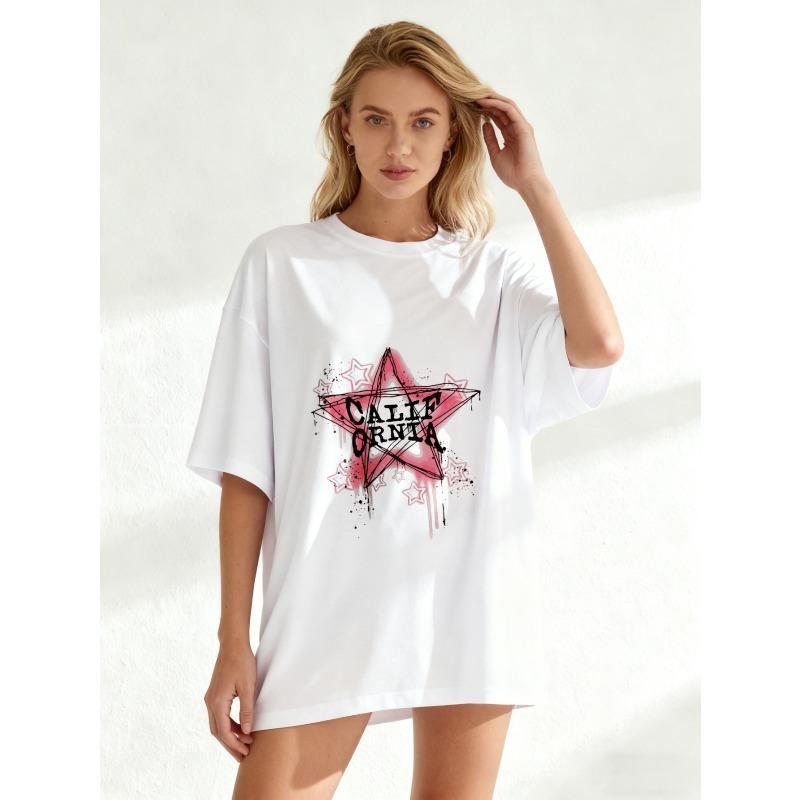 Oversized T-Shirt Black Pink Star Graffiti Print With Text Cali Born For The Night Casual Streetwear Style For Women