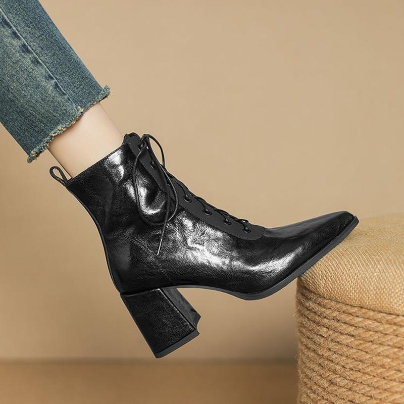 Fashion NEW Autumn Women Boots Genuine Leather Shoes for Women Pointed Toe Chunky Heel Shoes Lace-up Zipper Modern Boots High Heel Boots
