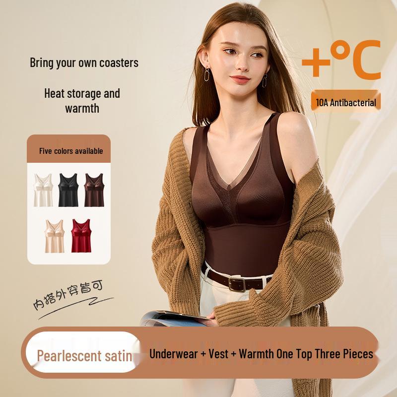 Satin Mesh V-Neck Warm Underwear with Fixed Cup Padding, Micro-Brushed Innerwear.