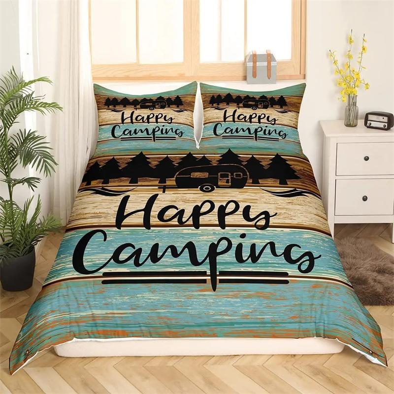 

Постільна білизна Happy Camping King, Літня кемпінгова прикраса для ліжка для хлопчика-підлітка, Сімейний комплект підодіяльника в стилі пляжної відпустки 180x210cm 3pcs