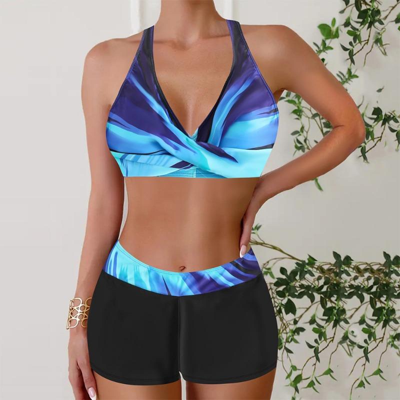 Women's Striped Cross V Neck Two Piece Swimsuit with Shorts