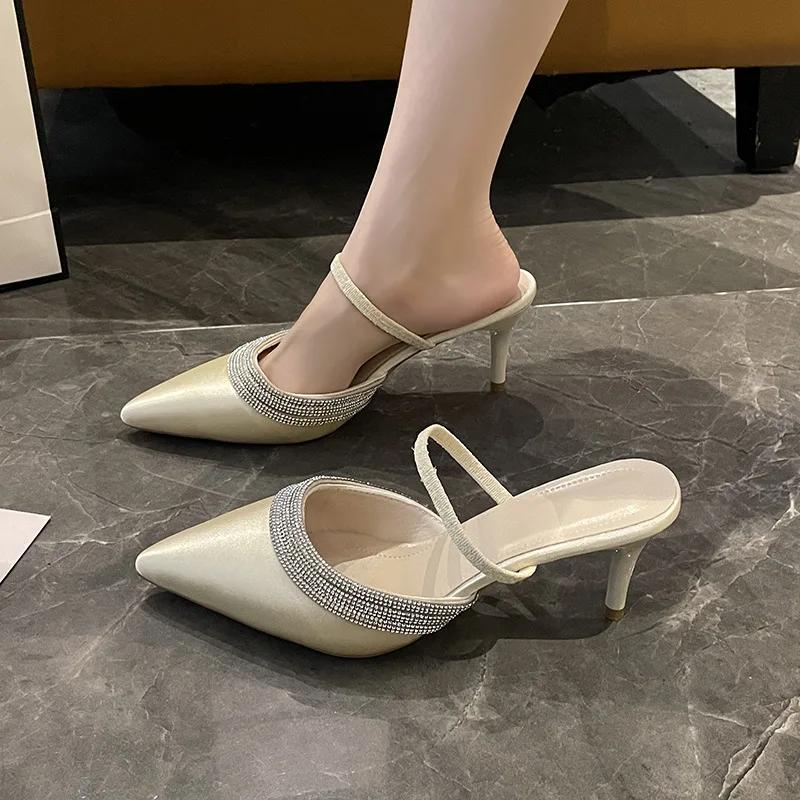 Fashion Pointed Purple Fine Heel Water Diamond Shoes Women Fashion Silk Sandals French Sexy High Heels Designer Sandals Zapatos Mujer