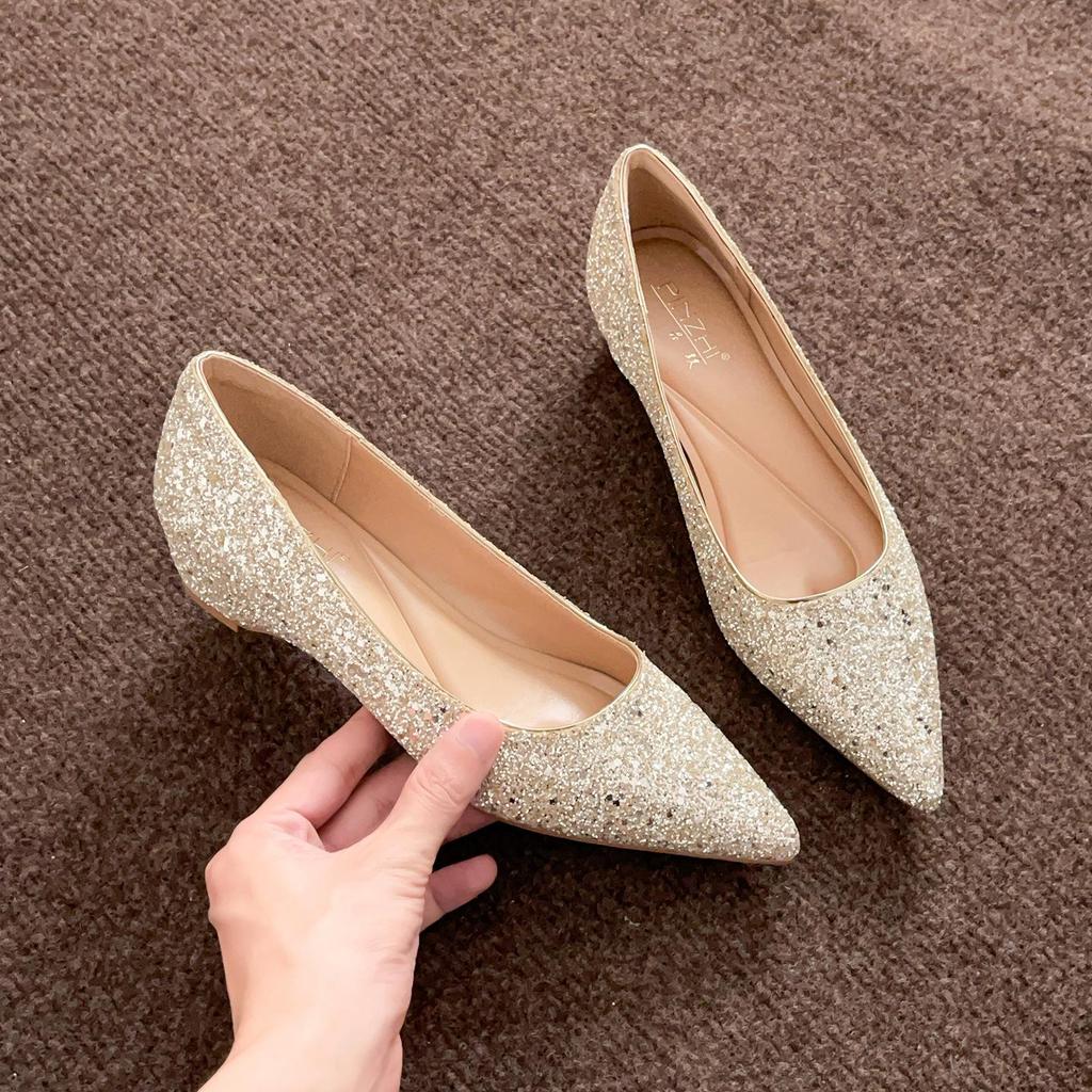 Neue Frühling/Sommer Damen Pailletten Spitzschuh Versteckter Absatz Ballerinas - Französischer Stil Abend Pendlerschuhe