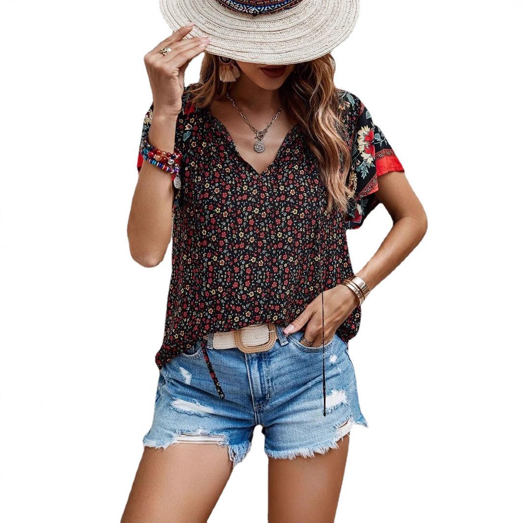 

Summer Floral Print Blouses For Women Fashion V Neck Short Sleeve Boho Beach Casual Tops Female Elegant Shirt XS кавовий