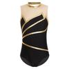 Girls Gymnastics Leotard: Metallic Striped Sheer Mesh Patchwork Keyhole Back Sleeveless Bodysuit for Dance Performance
