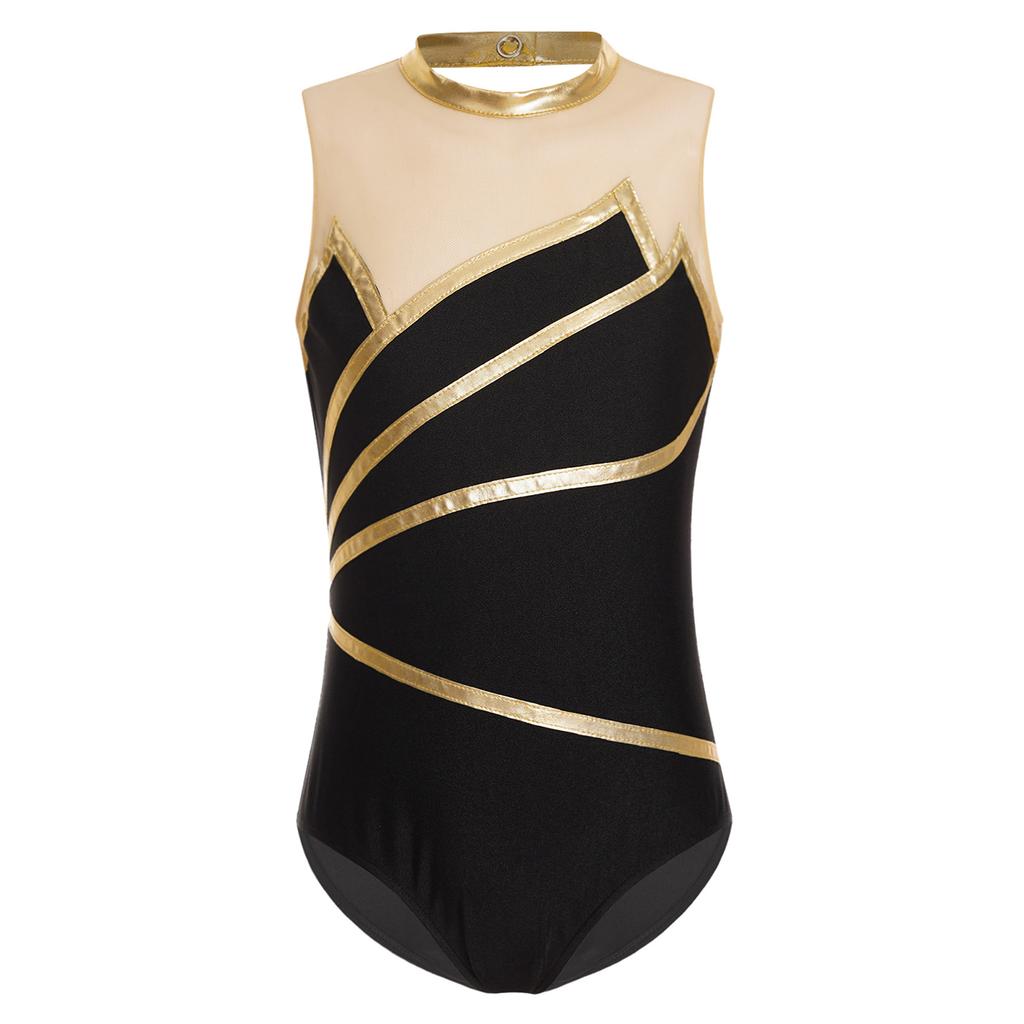 Girls Gymnastics Leotard: Metallic Striped Sheer Mesh Patchwork Keyhole Back Sleeveless Bodysuit for Dance Performance