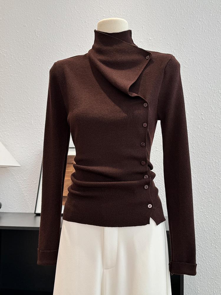 Korean Style High Neck Asymmetrical Long Sleeve Knitwear - Autumn Women's Slimming Sweater Top