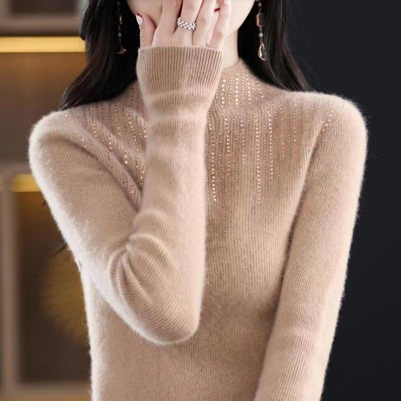 Autumn and Winter Turtleneck Crystal Sweater Women All Match Long Sleeve Knitwear Woman Solid Knitted Pullover Ladies