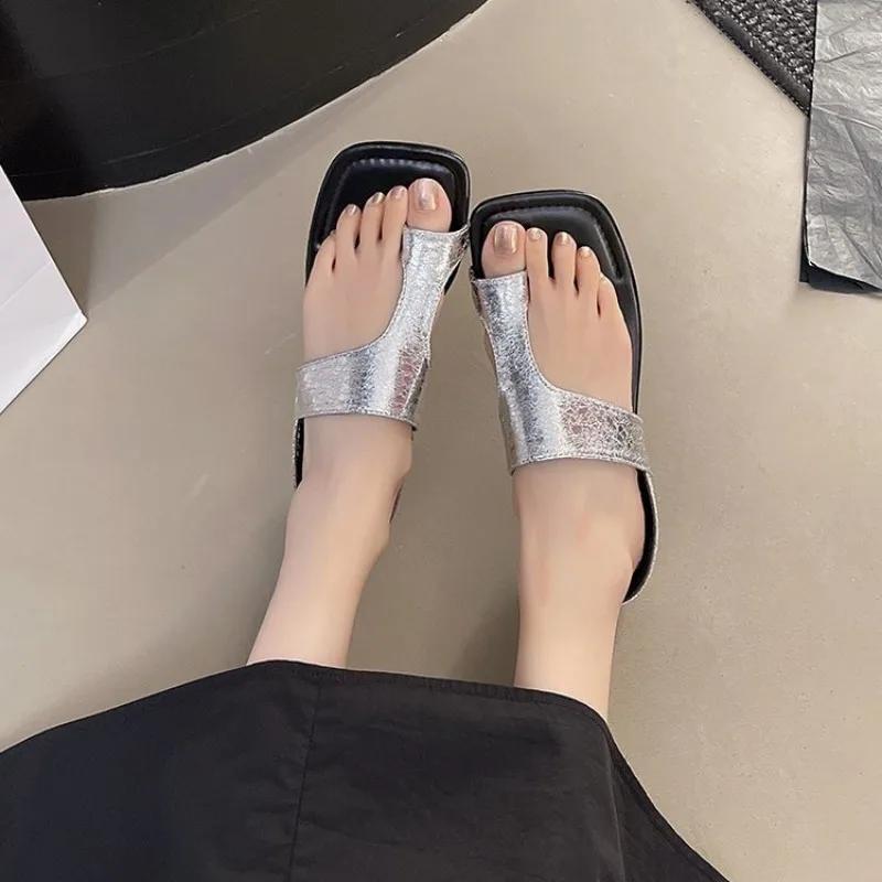 Fashion 2025 New Summer Slippers Women's Fashion Square Toe Cover Bright Leather Soft Soled Anti-slip Wear-resistant Sole Heel Shoes