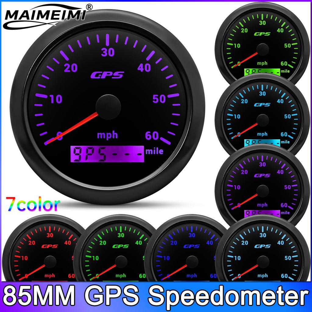 85MM GPS Speedometer With GPS Antenna 0-60 MPH For Motorcycle Marine Boat Car Truck Speed Gauge Meter 7 Color Backlight