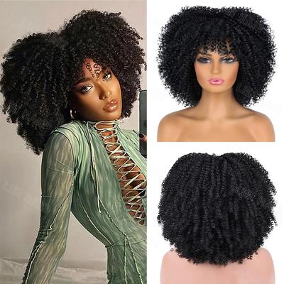 Syntetyczna krótka kręcona peruka afro z grzywką dla czarnoskórych kobiet peruka z kręconymi włosami afro pełne peruki