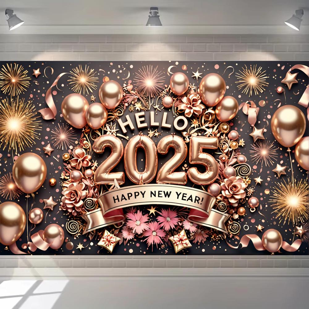 2025 Happy New Year Pink Rose Flower Theme Party Background Balloons Family Party Banner Decoration Photography Background