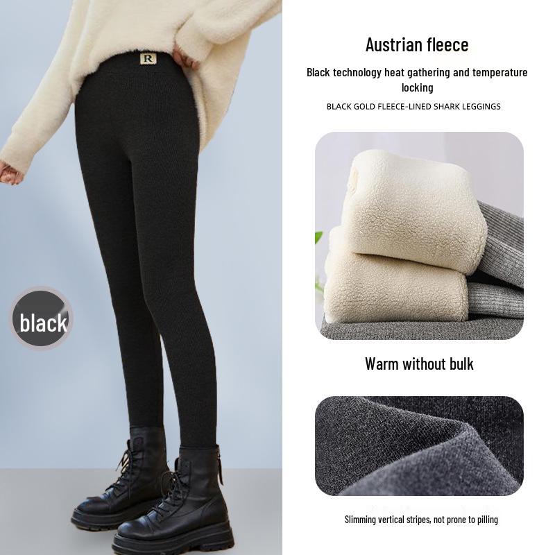 Women's High Waist Fleece-Lined Ribbed Leggings - Warm, Comfortable, Cotton, for Autumn and Winter Wear, Nine-Point Length.