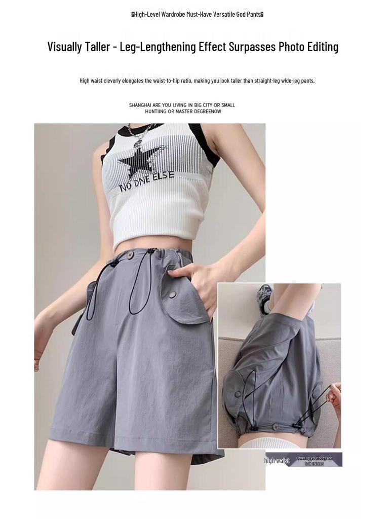 Women's Retro Multi-Pocket Cargo Shorts - Trendy Wide-Leg, Casual Mid-Length Design