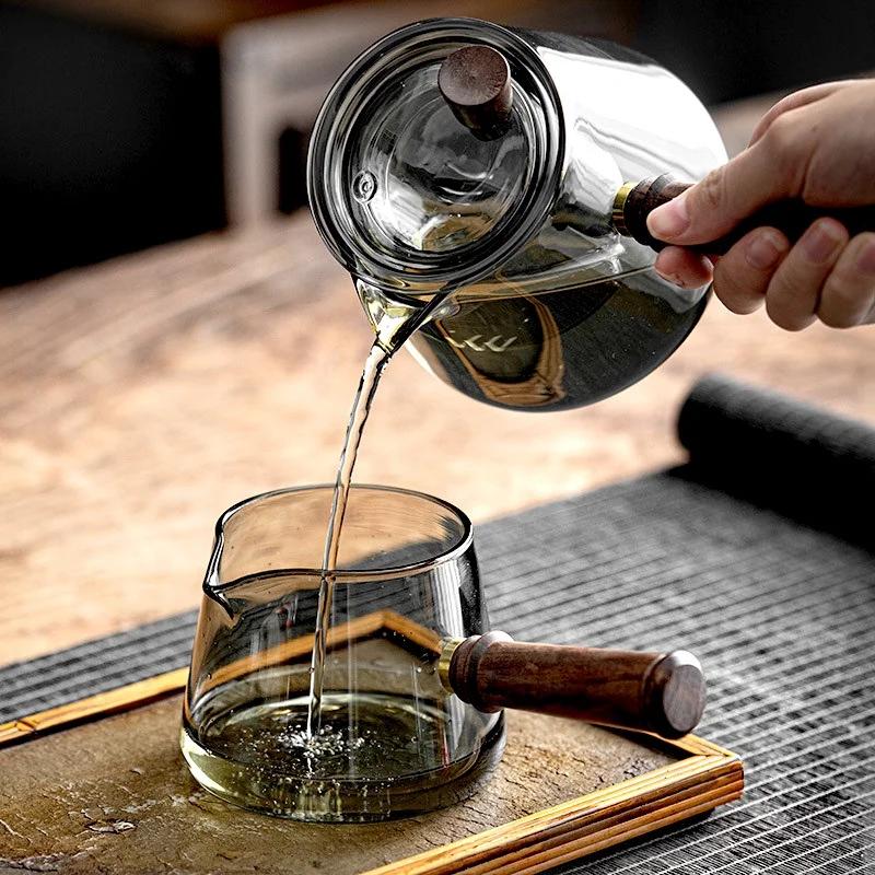 370ML Heat Resistant Glass Side Wooden Handle Tea Dispenser Brewing Teapot Tea Maker Kung Fu Tea Set Ceremony Accessories