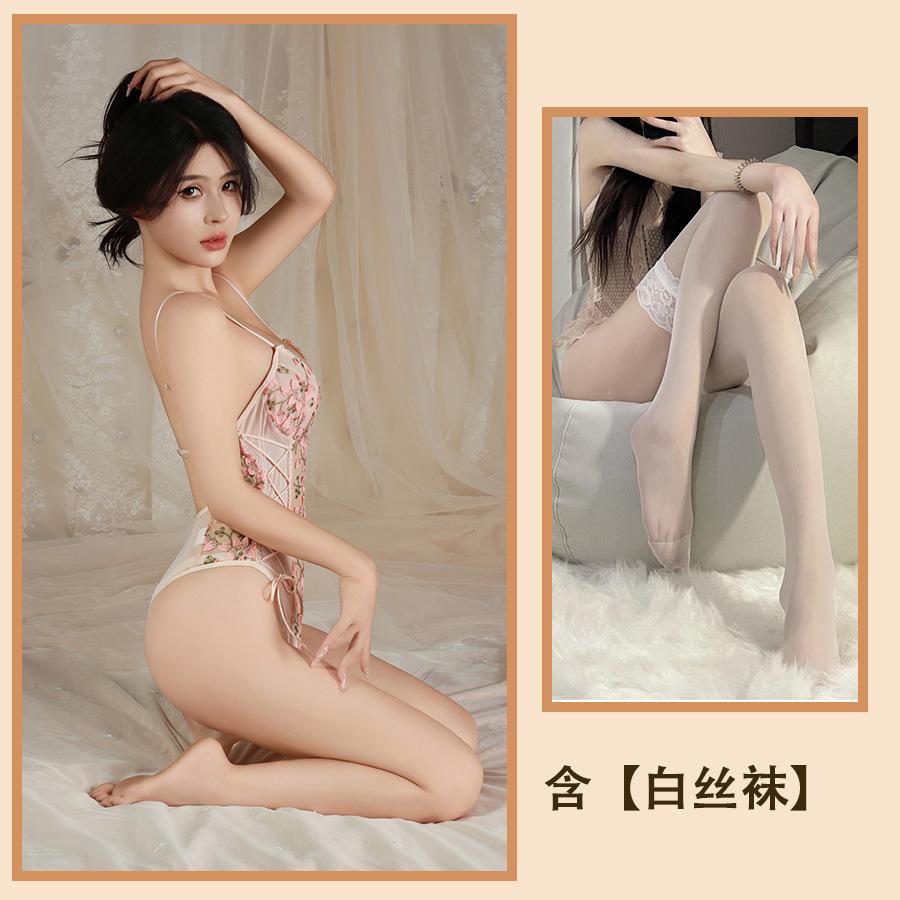 Sex Underwear Lace Embroidery Hollow Pajamas Sexy Suspender One-piece Waist Transparent Temptation Mesh Set
