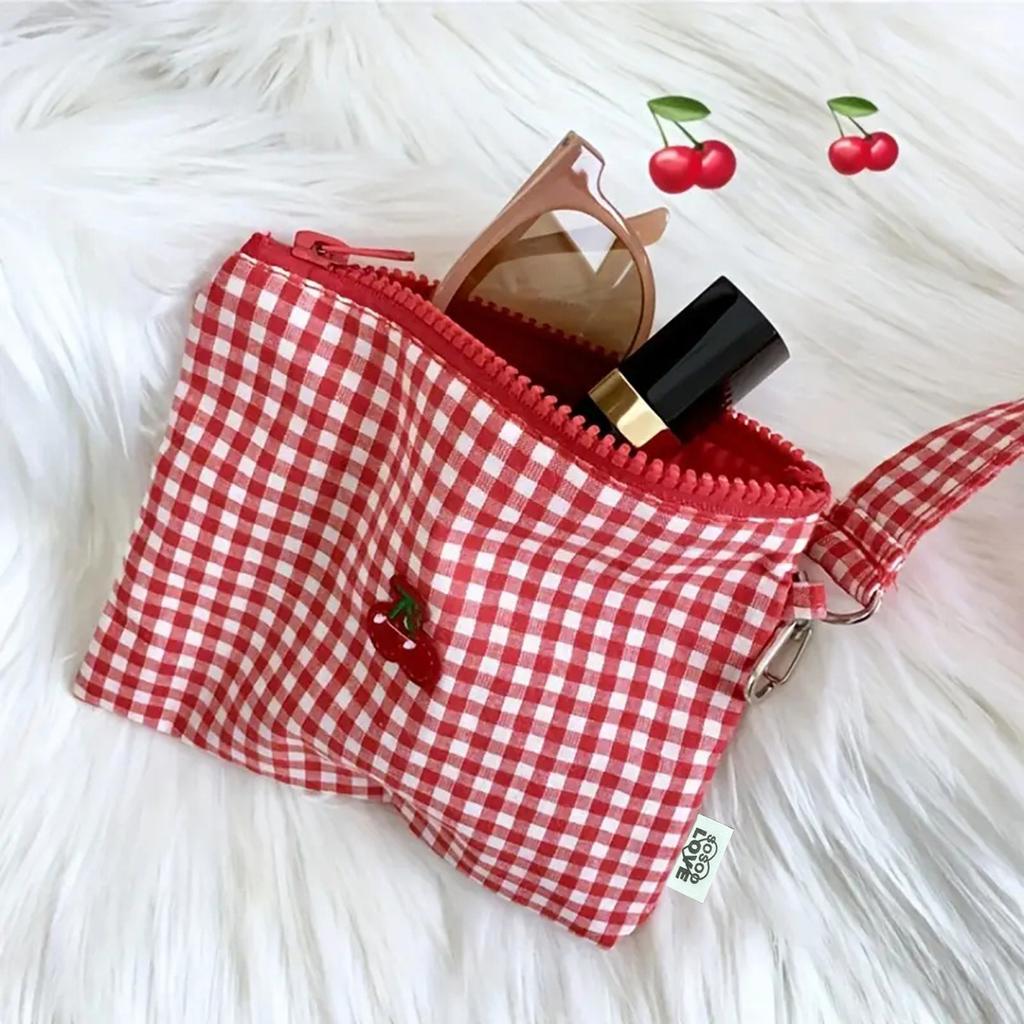 Red Cherry Canvas Makeup Bag Portable Easy To Carry Red Plaid Large Capacity Cosmetic Lipstick Storage Bag Travel Accessories