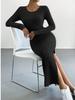 European & American Fall/Winter Long-Sleeve Round Neck Slit Knit Dress for Women