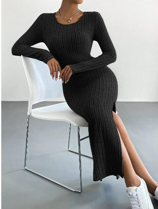 European & American Fall/Winter Long-Sleeve Round Neck Slit Knit Dress for Women