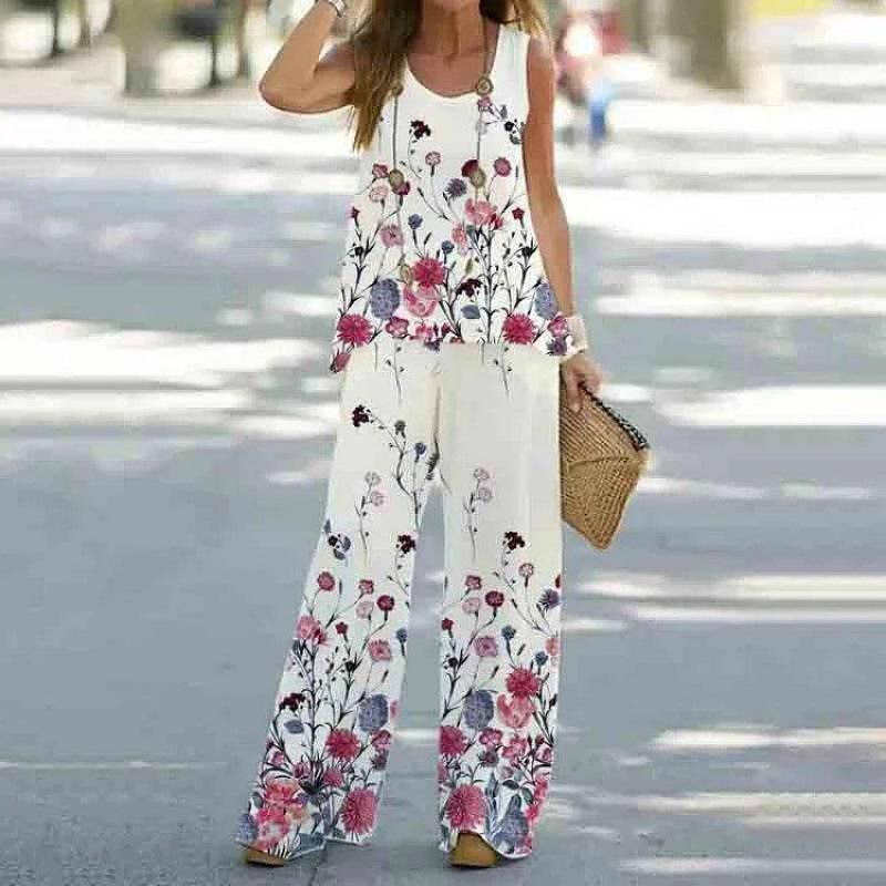 Damen-Freizeit-Zweiteiler mit Print, Weste mit elastischer Taille und Hose, Damenanzug.