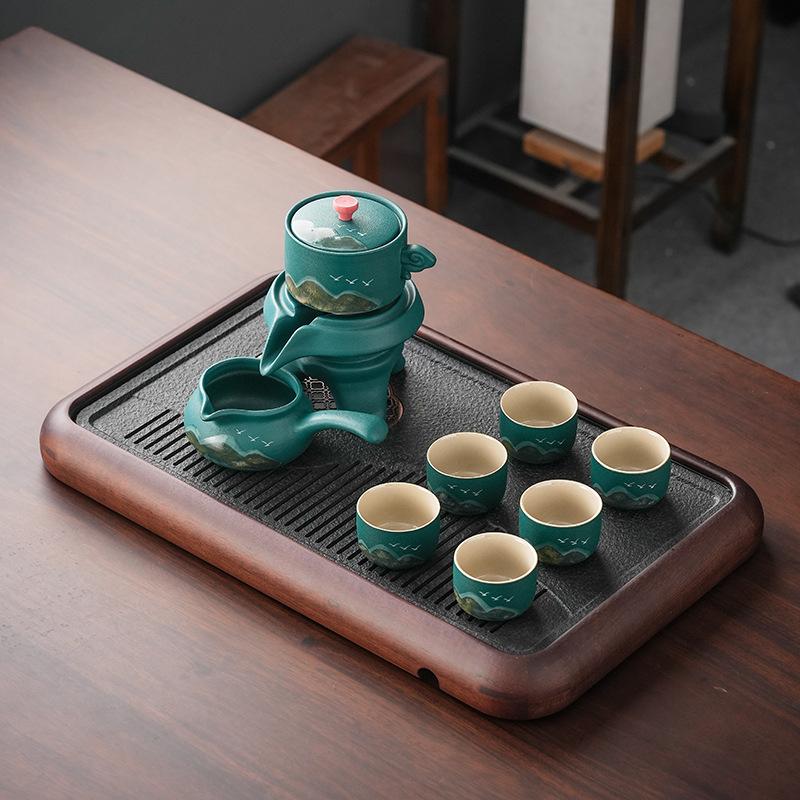 New Chinese coarse pottery Guochao Qingshan semi-automatic tea set Lazy stone mill portable tea making set Household tea set