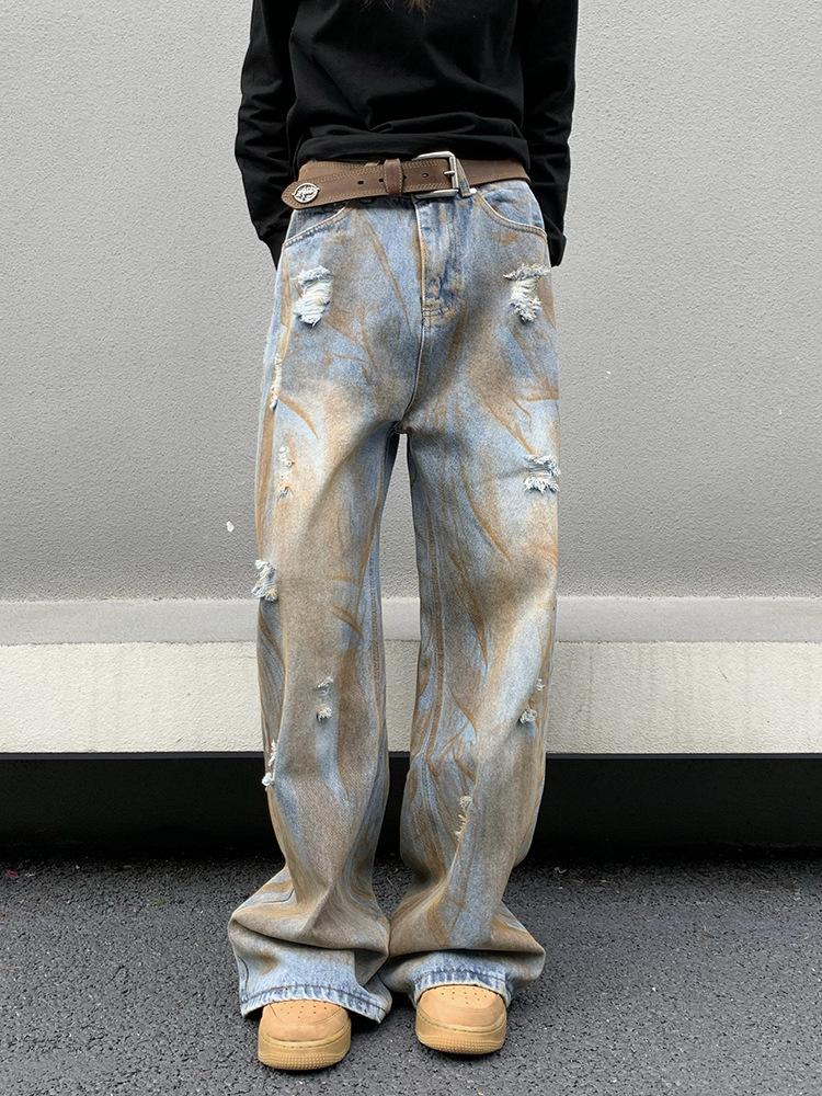 American high street washed old dirtyfit jeans men's and women's retro loose drape wasteland wind mopping trousers
