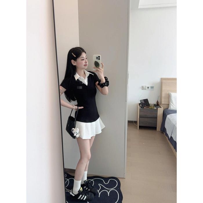 - Korean college style fake two-piece Polo collar dress summer American sweet and spicy waist and thin pleated short skirt