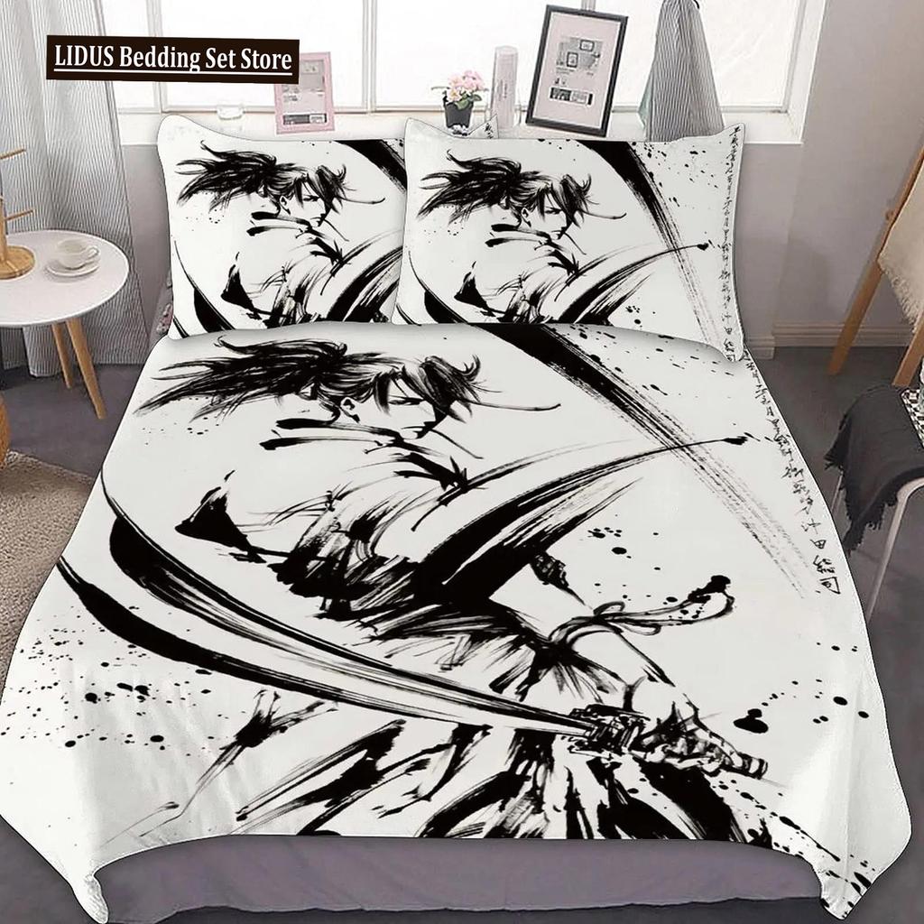 Japanischer Schwarz-Weiß-Tuschestil Samurai-Schwert Rote Sakura 3D Bettbezug-Set Queen-Size Bushido-Kultur Bettwäsche-Set Bettdecken-Set