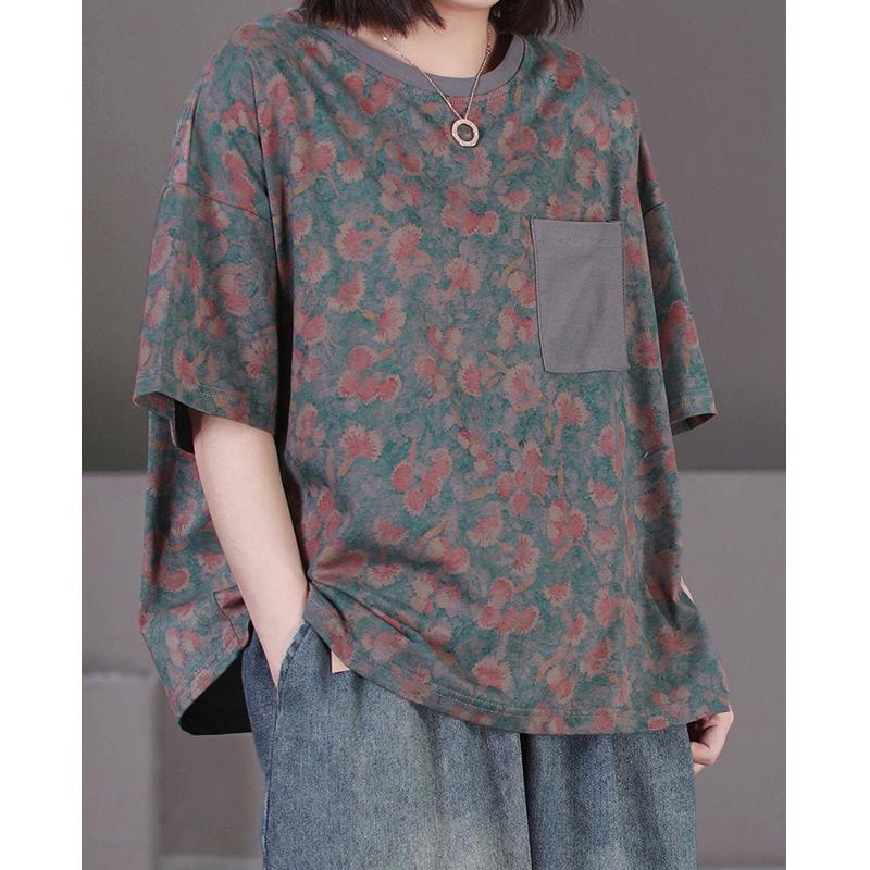 

Летняя женская хлопковая футболка больших размеров в стиле ретро с цветочным принтом и карманом 5XL