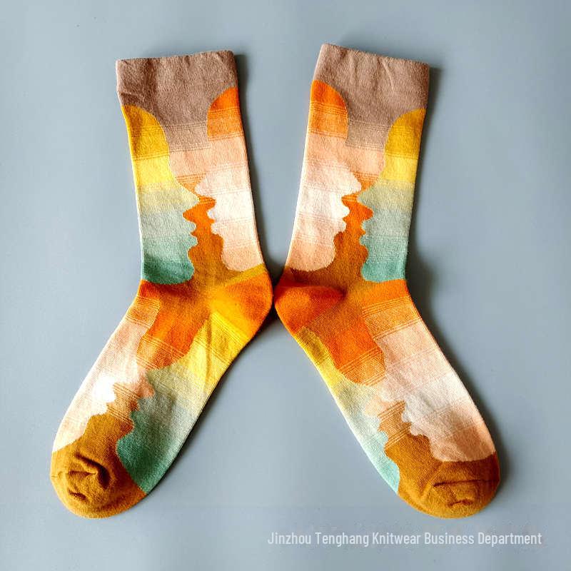 Șosete la modă cu pictură în ulei franceză: Șosete de vițel colorate, cu tub mediu-înalt, de nișă, la modă pentru femei