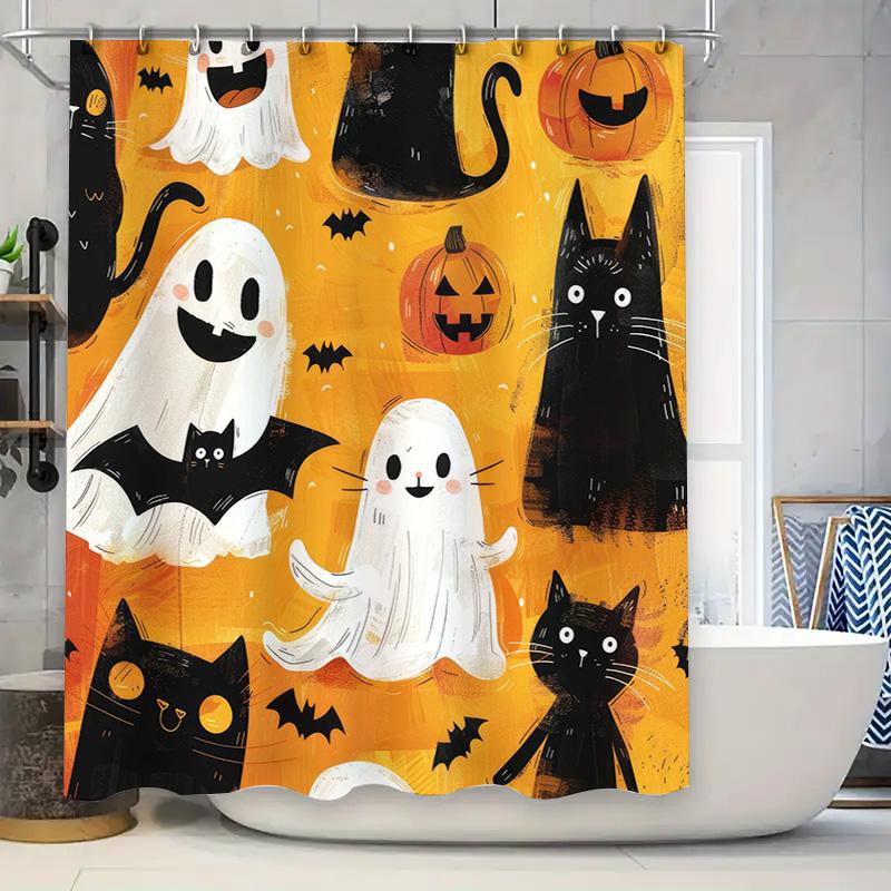 Halloween-themed Ghost Black Cat Pumpkin Halloween Shower Curtain Decorative Waterproof Bath Mat Bathroom Accessories Orange Y