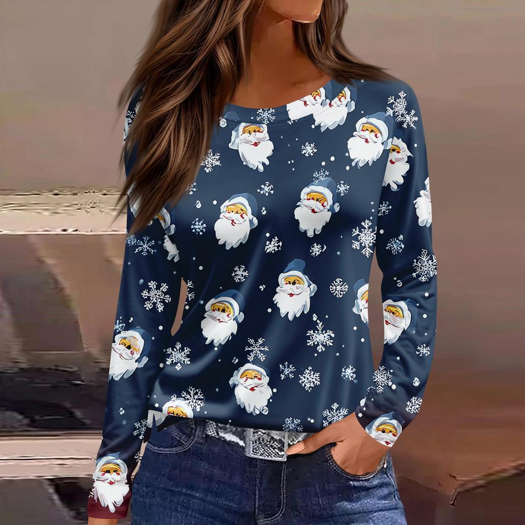Women's Fashion Casual Slit Hem Round Neck Long Sleeve Loose Christmas Printed T-Shirt Ladies Top