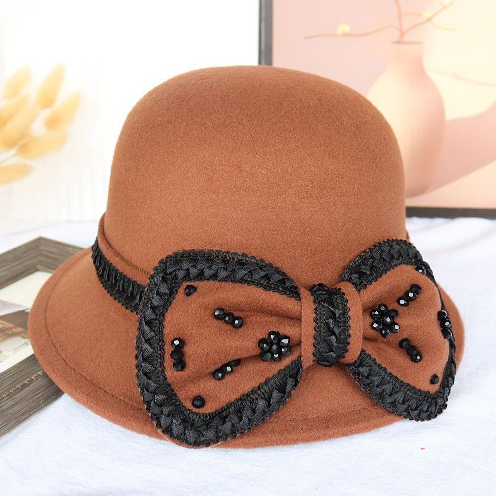 Bow Autumn and Winter Ladies Hat Wool Fashion Winter Top Hat Basin Hat Bucket Hat British Retro